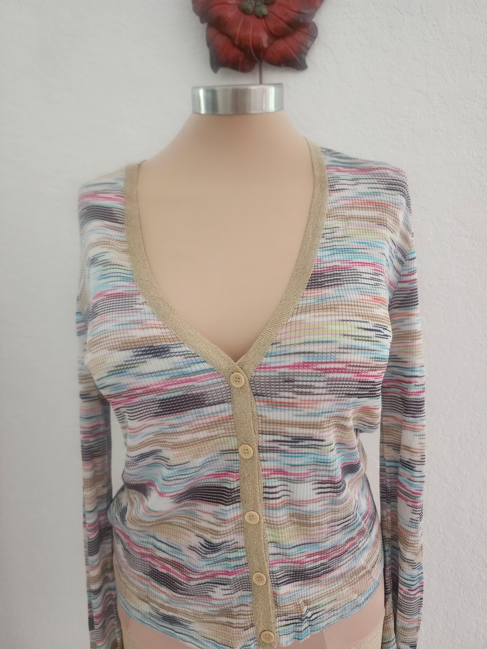 M MISSONO | Multicolor Striped V-Neck Button Cardigan - Picture 8 of 16